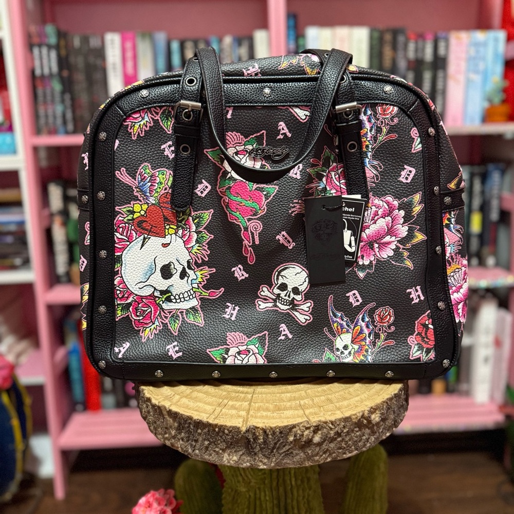 Ed Hardy Black Floral Skull Bag